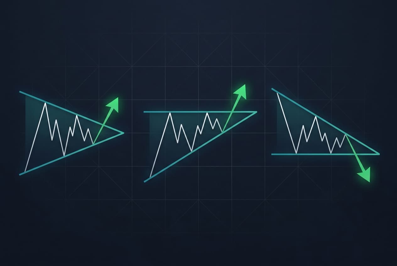 Symmetrical, ascending, and descending triangle patterns